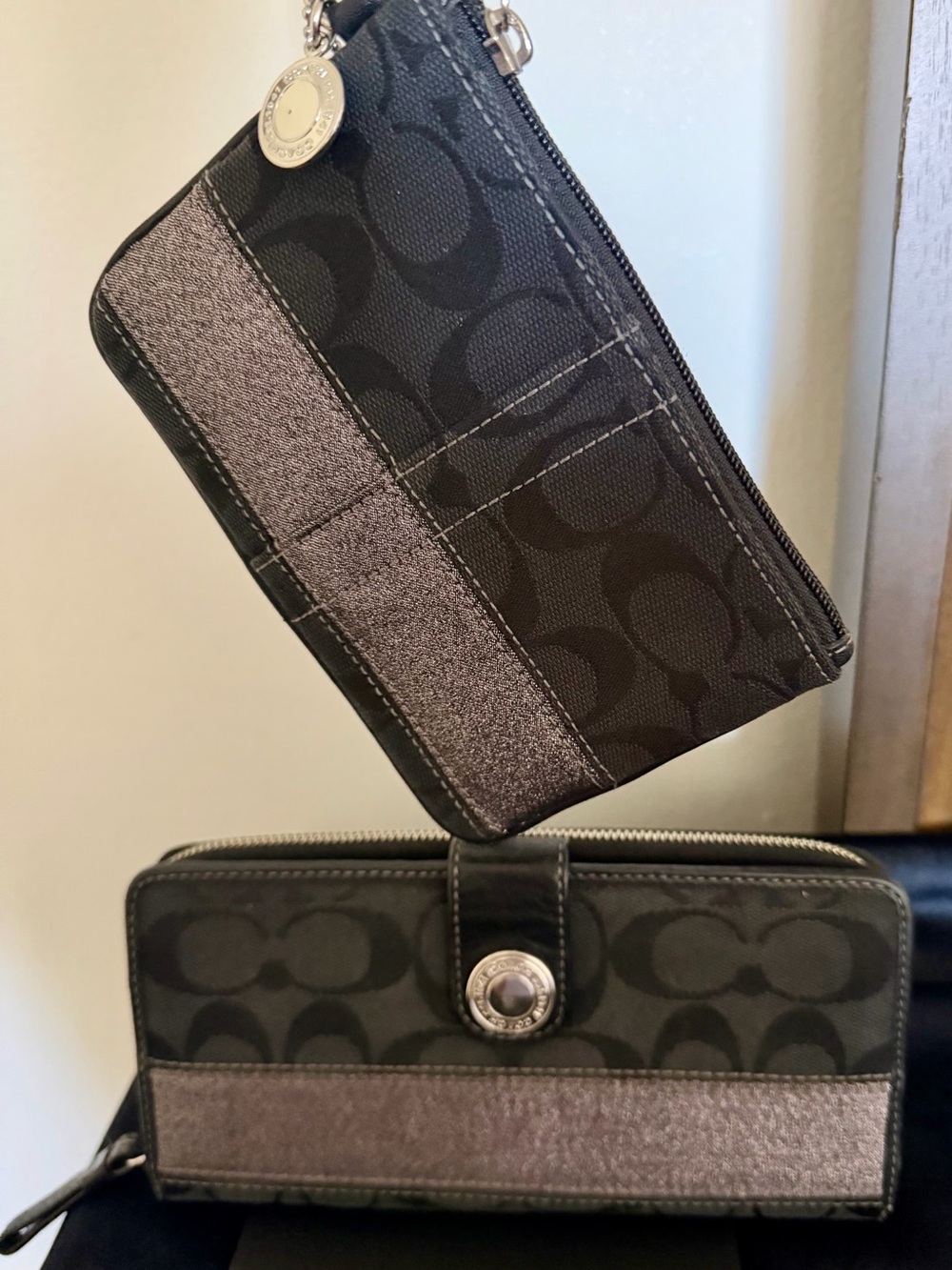 Coach Black and Gray Signature Zip Wallet with Snap Strap